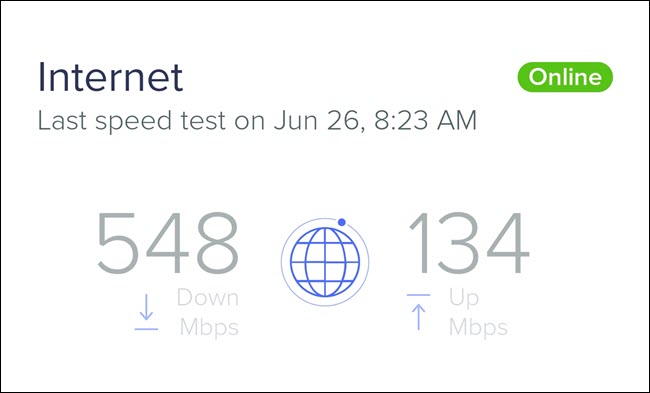 Test szybkości Internetu pokazujący prędkość pobierania 548 Mb / s oraz prędkość wysyłania 134 Mb / s.
