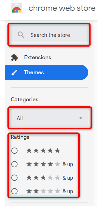 Encuentra un tema usando la barra de búsqueda o por categorías y clasificación