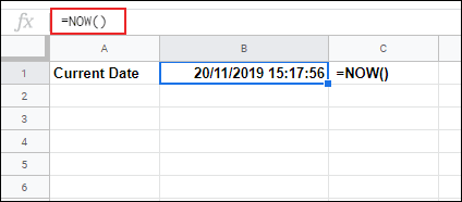 La fonction NOW utilisée dans Google Sheets, fournissant un horodatage avec l'heure et la date actuelles