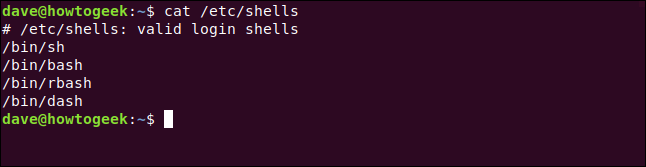 cat / etc / shells dans une fenêtre de terminal.