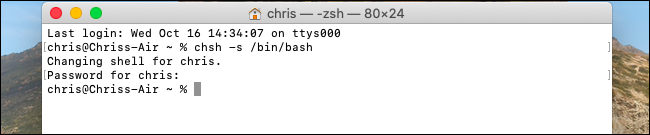 Modifica della shell predefinita in Bash su macOS Catalina.