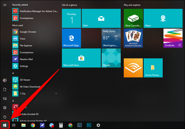 Przycisk menu Start systemu Microsoft Windows 10