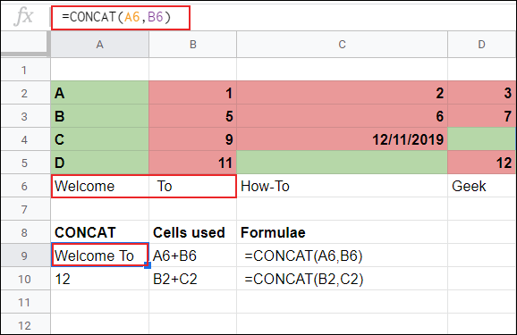 La formule CONCAT dans une feuille de calcul Google Sheets combinant les cellules A6 et B6.