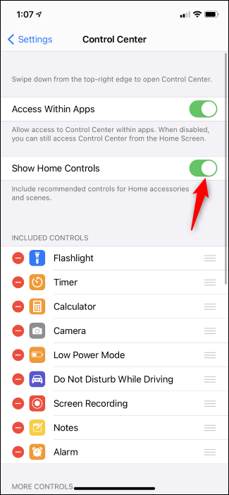 Activer / désactiver les commandes d'accueil dans le centre de contrôle de l'iPhone.