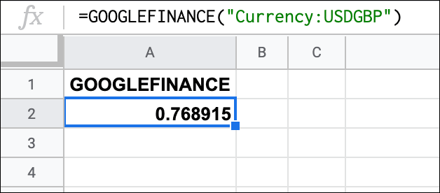 Функция GOOGLEFINANCE в Google Таблицах, обеспечивающая обменный курс доллара США к фунту стерлингов.