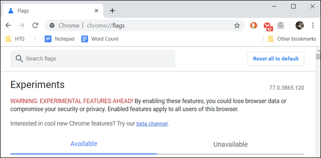 Pagina web di Chrome Flags.