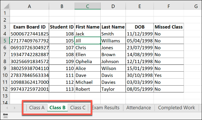 Eine Excel-Arbeitsmappe mit ähnlichen Arbeitsblättern von 