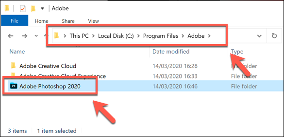 Le répertoire d'installation d'Adobe Photoshop sous Windows