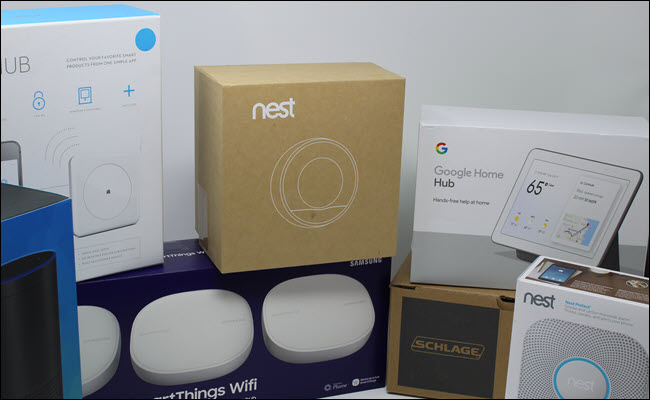 Un Echo, Wink Hub, Google Nest, Smarthings Hub, Nest Hub, Schalge Lock e Nest protect.