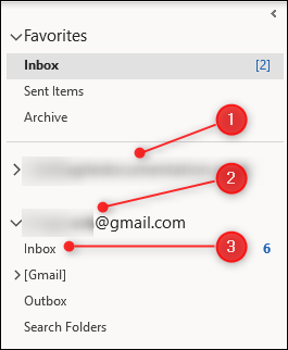 Drugie konto e-mail w ramach konta głównego w okienku nawigacji programu Outlook.  Kliknij skrzynkę odbiorczą pod drugim kontem.
