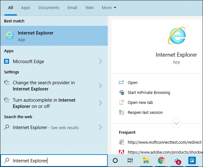 Lancement d'Internet Explorer à partir du menu Démarrer de Windows 10.