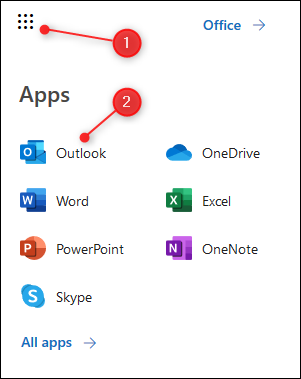 Narzędzie do uruchamiania aplikacji O365 z podświetlonym programem Outlook.