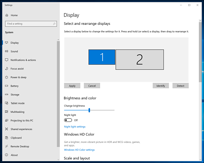 Fenêtre des paramètres d'affichage de Windows 10
