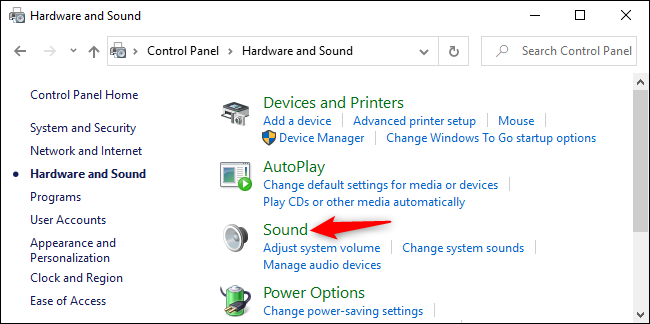 Otwieranie opcji dźwięku w Panelu sterowania systemu Windows 10