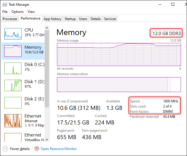 Ilość i szybkość pamięci RAM wyświetlanej w Menedżerze zadań systemu Windows 10