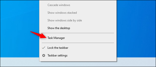 Параметр диспетчера задач в контекстном меню панели задач в Windows 10