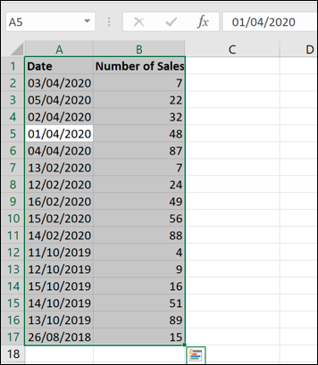 Nieposortowane daty w skoroszycie programu Excel.