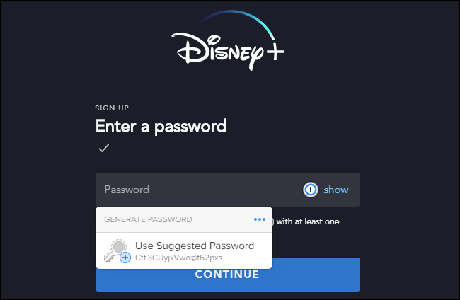Generación de una contraseña segura para Disney + con el administrador de contraseñas 1Password X en Google Chrome.