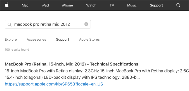 Spécifications techniques d'un MacBook Pro sur Apple.com.