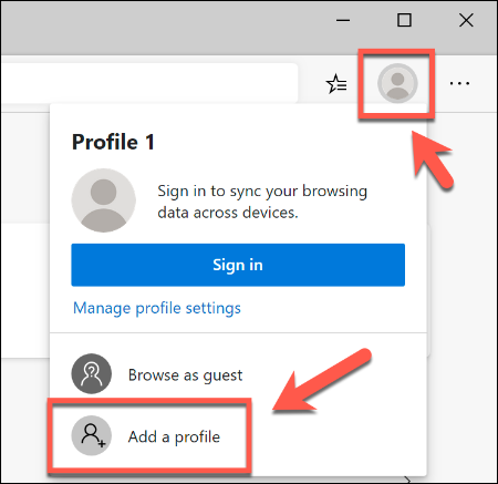 Aby dodać drugi profil użytkownika w przeglądarce Microsoft Edge, kliknij ikonę profilu w prawym górnym rogu, a następnie kliknij opcję Dodaj profil