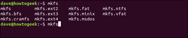 Liste des systèmes de fichiers pris en charge dans une fenêtre de terminal