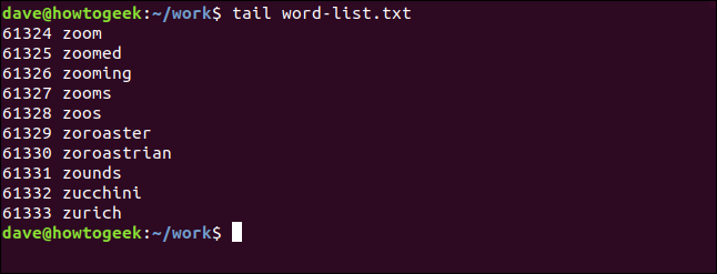 tail word-list.txt w oknie terminala