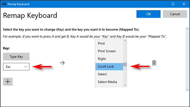 Выберите ключи для переназначения в Power Toys в Windows 10.