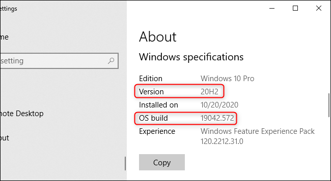 Il numero di versione di Windows nell'app Impostazioni