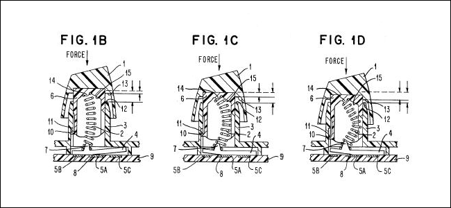Tres diagramas de la patente de IBM Buckling Spring.
