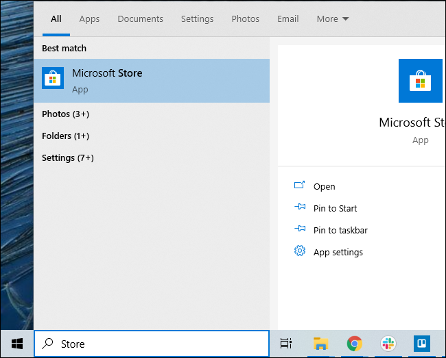 Avvio dell'app Microsoft Store su Windows 10.