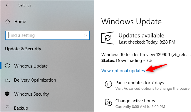 Affichage des mises à jour facultatives sur l'écran des paramètres de Windows Update.