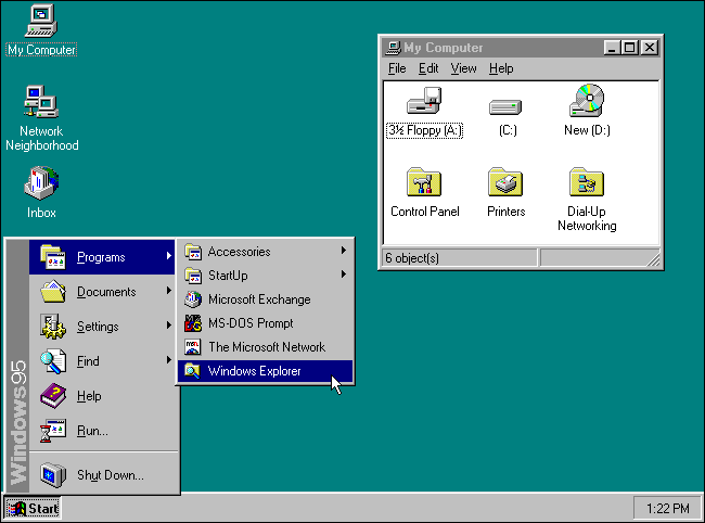 Il pulsante Start su un desktop Microsoft Windows 95.