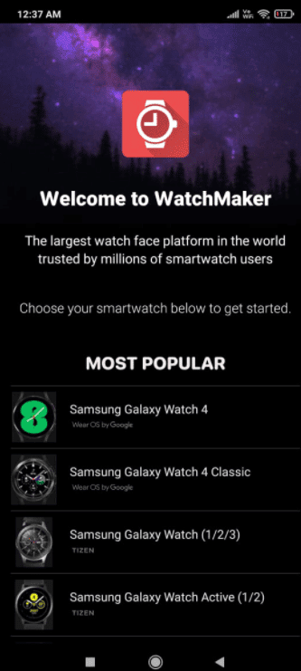 Ouvrez l'application Watchmaker après l'avoir téléchargée. Comment obtenir le cadran Rolex Smartwatch » width = « 340 » height = » 732 « ></p><p>Remarque : La méthode est la même que pour l’application Facer</p><p>3. Sélectionnez l’appareil Wear OS que vous utilisez actuellement.</p><p><img class=